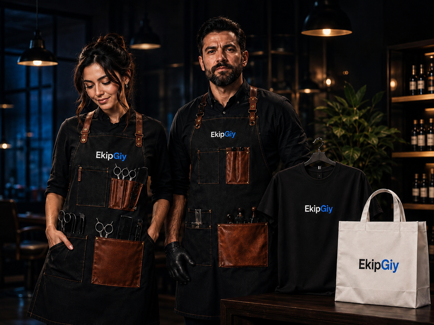 EkipGiy logolu kurumsal iş kıyafetleri, tişört ve bez çanta